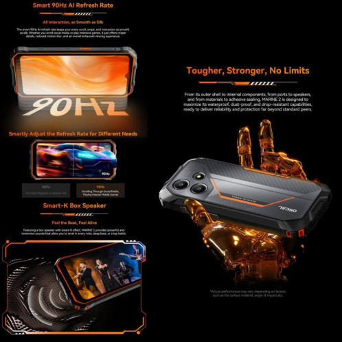  Blackview Oscal Marine 2, 4 Go + 64 Go, écran 6,56 pouces, Android 15, processeur Unisoc UMS9230E T615 Octa Core, réseau : 4G, OTG, NFC (noir) SB932B1209-033